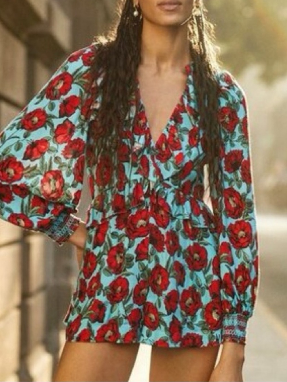 Alice + Olivia Kami Blouson Sleeve Deep V Ruffle Romper